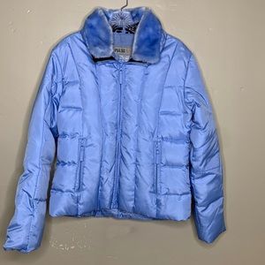 PULSE Puffer Coat Blue Down Filled Faux Fur Removable Collar Rain Hat Winter Med